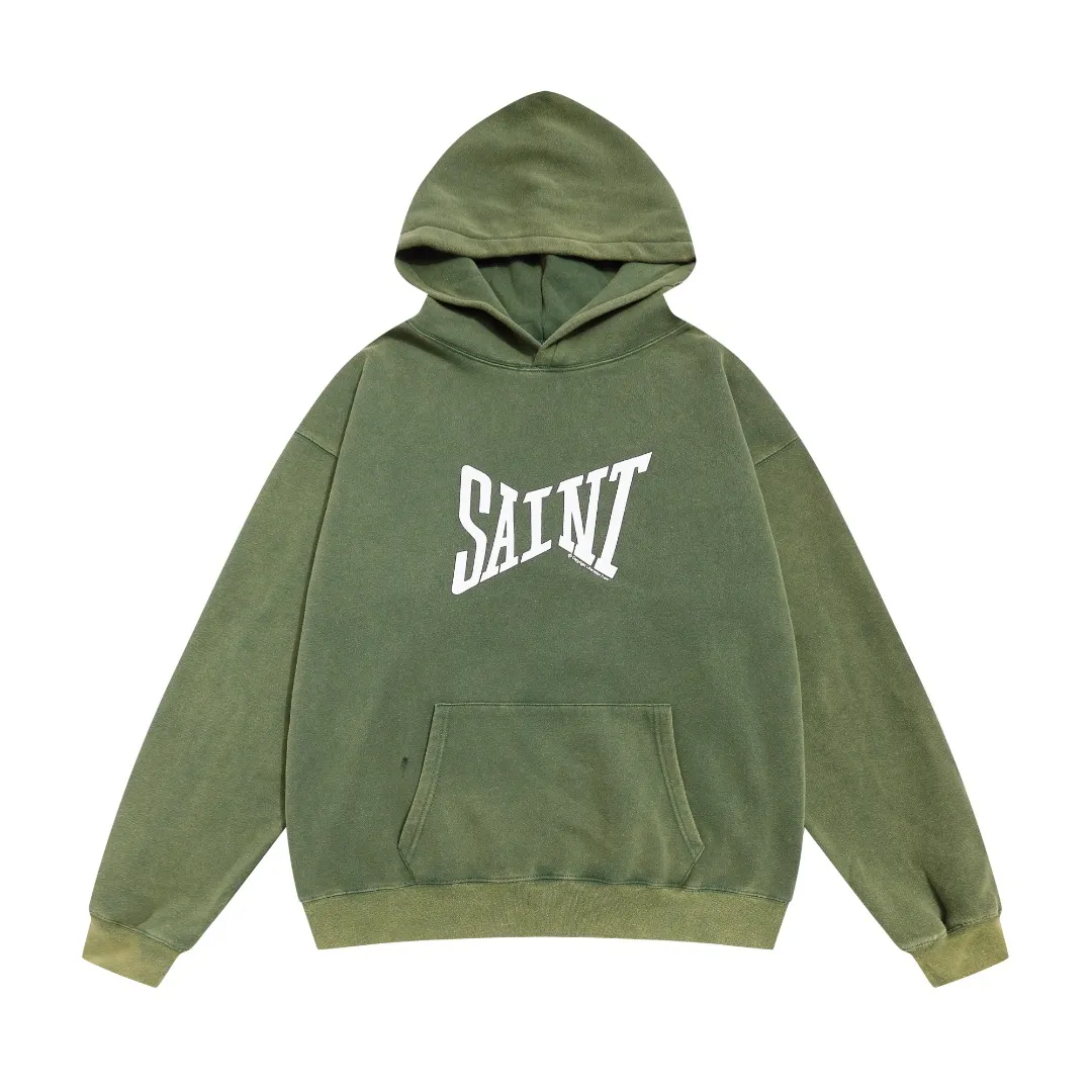 Saint Michael SAINT basic letter print distressed washed loose hoodie plus velvet loose sweatshirt Fabric: 420g Style number: SM633 Size: S-M-L-XL Color: black-dark green Price: P236
